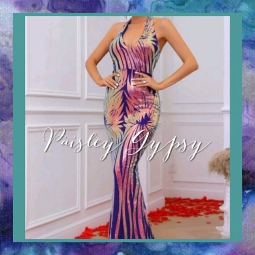 RANDOM PRINT, HALTER, SEQUINED MERMAID MAXI
